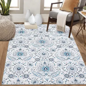 Washable Rug 9x12 Blue Vintage Paisley Floral Low Pile Non Slip Carpet for Living Room Dining Room Bedroom
