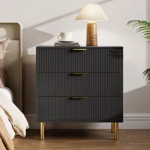 3 Drawer Dresser for Bedroom, Modern Wooden Storage Chest with Gold Metal Handles, Anti-Tipping Design, Large Nightstand Organizer for Entryway, Hallway, Living Room, Black
