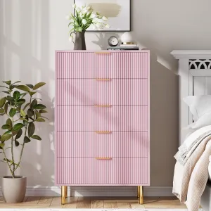 5 Drawer Wooden Dresser Pink with Gold Handles, Large Storage, Durable MDF, Modern Design, Metal Legs, Bedroom & Living Room