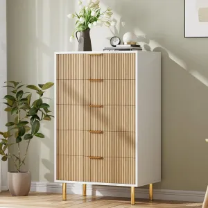 5 Drawers Dresser for Bedroom, Fluted Dresser Chest of Drawers with Handle, Wood Modern Dressers for Closet, Bedroom Furniture Storage Organizer for Living Room, Hallway