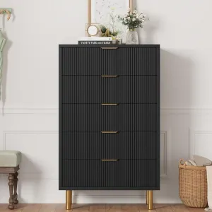 5 Drawers Dresser for Bedroom, Fluted Dresser Chest of Drawers with Handle, Wood Modern Dressers for Closet, Bedroom Furniture Storage Organizer for Living Room, Hallway, Black