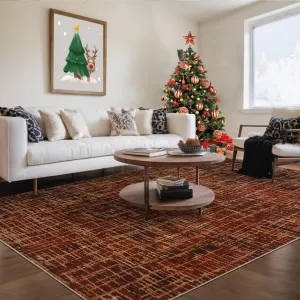 Large Washable Area Rug 9x12 Modern Living Room Rug Bedroom Rug Distressed Abstract Plaid Floor Carpet, Washable Non Skid Low Pile Rug, Soft Non Shedding Rug, Foldable Thin Rug, Red