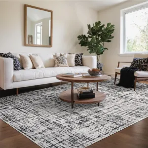 Modern Abstract Area Rug 8x10 Washable Low Pile Rug Non Slip Non Shedding Floor Carpet, Contemporary Distressed Gray Rug, Soft Foldable Thin Plaid Rug for Living Room, Bedroom