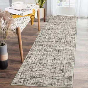 2x6 Washable Runner Rug Modern Abstract Runner Low Pile Non Skid Rug Non Shedding Floor Carpet, Soft Thin Runner, Contemporary Distressed Plaid Hallway Rug for Entryway, Kitchen