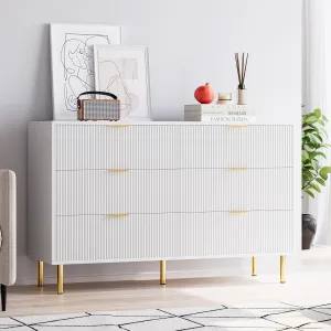 Fluted White Dresser with 6 Drawers, 56" Wide Modern Chest of Drawers with Curved Profile Design, Wooden Dresser TV Stand, Wood Drawer Organizer for Bedroom, Living Room, Hallway