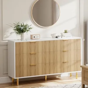 Fluted Dresser with 6 Drawers, 56" Wide Modern Chest of Drawers with Curved Profile Design, Wooden Dresser TV Stand, Wood Drawer Organizer for Bedroom, Living Room, Hallway, Natural Oak&White