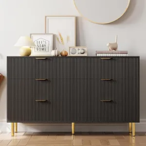 Black Dresser, Modern 6 Drawer Dresser for Bedroom with Gold Handle and Large Drawer, Wood Double Chest of Drawers and Storage Organizer for Living Room, Hallway, Entryway