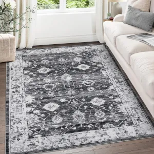 6x9 Washable Area Rug Mysterious Vintage Floral Distressed Rugs Indoor Floor Cover Print Distressed Carpet Accent Rug Non-Slip, Gray