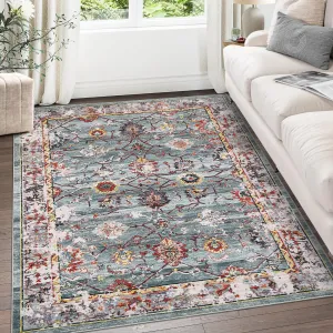 5'x7' Vintage Decorative Area Rug, Polyester Washed Back Folding Printed Carpet, Oriental Traditional Persian Design, Non-Shedding & Easy Care, Ideal for Living Room, Bedroom, Green