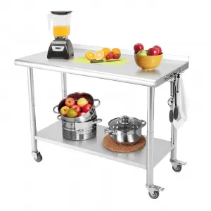 36"L x 24"W x 35"H Stainless Steel Prep Table NSF Commercial Kitchen Prep Table with Backsplash, Adjustable Undershelf, 5 Hooks and Wheels, Heavy Duty Workbench Workstation for Home Kitchen Restaurant
