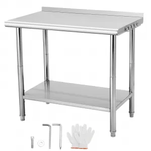 36"L x 24"W x 35"H Stainless Steel Table for Prep & Work with Backsplash, Commercial Metal Kitchen Prep Table with Hooks and Adjustable Shelf, Heavy Duty Table for Home Garage Restaurant