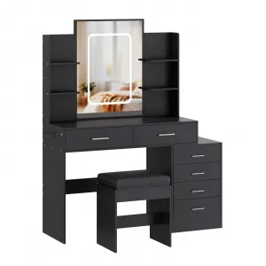 Vanity Desk with Mirror and Lights, 6 Drawers, Adjustable LED Lighting, Wood, USB Charging Ports, Stool Included, Bedroom Dressing Table, Black