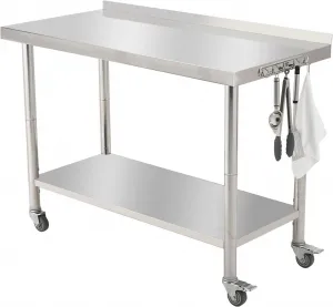 48"L x 24"W x 35"H Stainless Steel Work Table Heavy Duty Prep Table with Undershelf, High Load Bearing Metal Table, Commercial Worktable with Backsplash, 4 Wheels, Hooks for Kitchen
