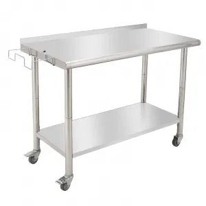 48"L x 24"W x 35"H Stainless Steel Work Table - Heavy-Duty Prep Table with Undershelf, Backsplash, Wheels, and Garbage Rack for Kitchen and Commercial Use
