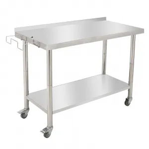 48"L x 24"W x 35"H Stainless Steel Work Table - Heavy-Duty Prep Table with Undershelf, Backsplash, Wheels, and Garbage Rack for Kitchen and Commercial Use