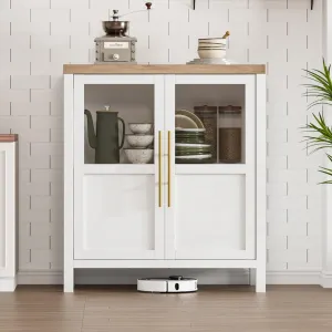 Sideboard Buffet Cabinet with 2 Glass Doors, 29" Large Buffet Cabinet with Storage, Modern Farmhouse Storage Cabinet Table for Kitchen Dining Room, Living Room (Glass with 2 Door, White)