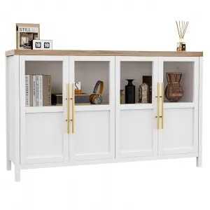 Sideboard Buffet Cabinet with 4 Glass Doors, 55" Large Buffet Cabinet with Storage, Modern Farmhouse Storage Cabinet Table for Kitchen Dining Room, Living Room , White