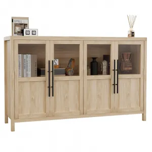 Sideboard Buffet Cabinet with 4 Glass Doors, 55" Large Buffet Cabinet with Storage, Modern Farmhouse Storage Cabinet Table for Kitchen Dining Room, Living Room, Natural