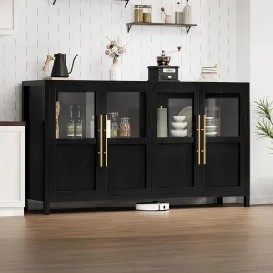 Sideboard Buffet Cabinet with 4 Glass Doors, 55" Large Buffet Cabinet with Storage, Modern Farmhouse Storage Cabinet Table for Kitchen Dining Room, Living Room, Black
