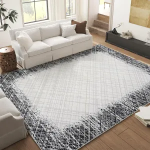 9x12 Area Rug Modern Bordered Large Area Rug Machine Washable Rug for Living Room, Stain Resistant Non-Slip Accent Rug Minimalist Border Floor Cover Carpet for Bedroom Decor, Grey