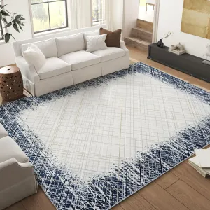 8x10 Area Rug Machine Washable Rug Modern Bordered Area Rug, Stain Resistant Non-Slip Accent Rug Minimalist Border Floor Cover Farmhouse Carpet Rug for Living Room Decor, Blue