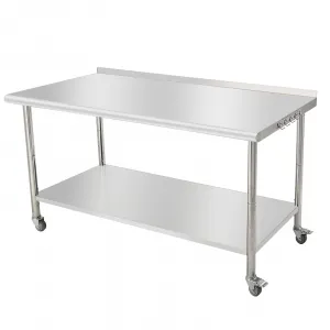 60"L x 24"W x 35"H Stainless Steel Prep Table, 2-Tier Commericial Heavy Duty Workbench with Caster Wheels, Kitchen Work Table with Hooks and Backsplash for Garage, Workshop