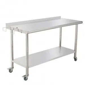 60"L x 24"W x 35"H Stainless Steel Table for Prep & Work with Caster Wheels, Heavy Duty Workbench with Removable Trash Rack, Metal Work Table with Backsplash for Outdoor, Workshop, Home and Hotel