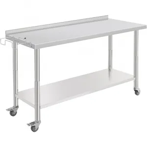 60"L x 24"W x 35"H Commercial Work Table, 2-Tier Stainless Steel Workbench with Wheels & Backsplash, Metal Food Prep Table with Removable Trash Rack for Outdoor, Workshop, Home and Hotel