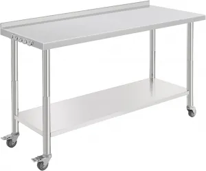 60"L x 24"W x 35"H Stainless Steel Kitchen Prep Table, 2-Tier Commericial Work Table with Adjustable Height Shelf & Hooks, Heavy Duty Metal Table with Backsplash and Wheels for Garage, Workshop
