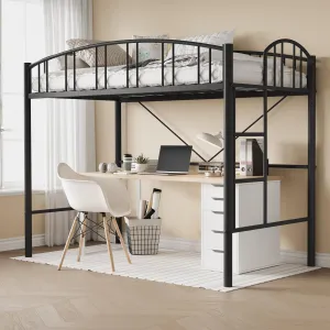 Loft Bed Twin Size, Heavy Duty Metal Loft Bed Frame with Arched Guardrail and Safety Ladder Space-Saving No Box Spring for Small Rooms, Black