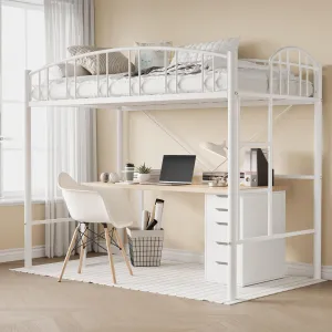 Twin Size Loft Bed, Heavy Duty Metal Frame with Arched Guardrail & Safety Ladder, Space-Saving Design, Metal Slats, Kids & Adults, Small Rooms, White