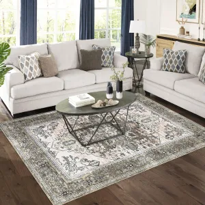 6x9 Area Rug Washable Vintage - Soft Traditional Rugs for Living Room Large Non Slip Backing with Low Pile Farmhouse Oriental Retro Carpet for Bedroom Dining Room or Home Office - Brown