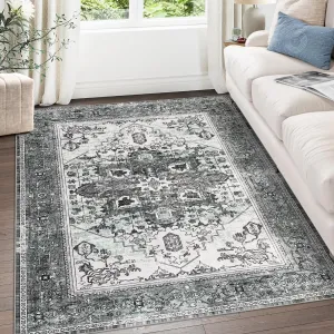 Washable Area Rug 9x12, Large Boho Living Room Area Rugs, Soft Vintage Bedroom Area Rug Carpet, Non Slip Low-Pile Distressed Accent Rug for Bedroom Dining Room Entryway Dorm Kitchen, Grey