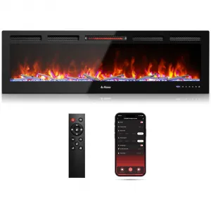 60 Inch Recessed and Wall Mounted Electric Fireplace Insert, 1500W Infrared Quartz Heater with WiFi App and Voice Control, 12 Adjustable Flame Colors, Remote and Touch Screen, Black