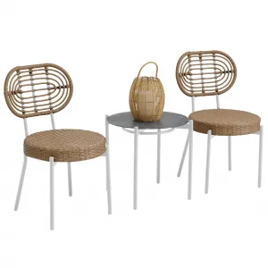 3 Piece Patio Bistro Set, Outdoor Wicker Chairs with Table, Rattan Patio Furniture Set for Outdoor, Patio, Deck, Backyard, White & Brown