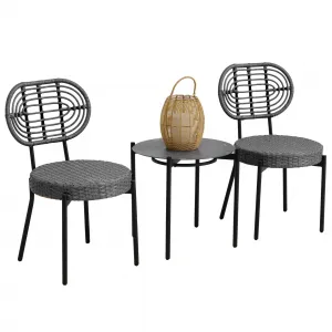 3 Piece Patio Bistro Set, Outdoor Wicker Chairs with Table, Rattan Patio Furniture Set for Outdoor, Patio, Deck, Backyard, Black & Grey