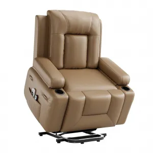 Leather Power Lift Recliner Chair with Heat & Massage, 8-Point Vibration, Remote Control & Cup Holders, Electric Lift Chair Designed for Mobility Aid Elderly Relaxation, Tan