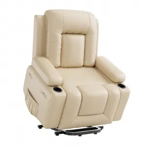 Power Lift Recliner Chair with Heat & Massage, 8-Point Vibration, Remote Control & Cup Holders, PU Leather Electric Lift Chair Designed for Mobility Aid Elderly Relaxation, Beige