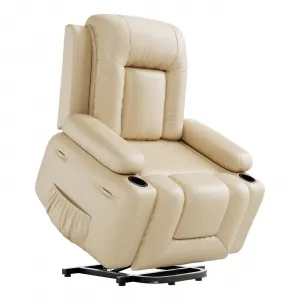 PU Leather Power Lift Recliner Chair With Massage and Heat, Adjustable Furniture for Back, Legs w/ 3 Positions, Usb Port, Side Pocket (Beige, 27" Seat Width+Cup Holders)