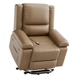 Power Lift Recliner Chair PU Leather with Massage for Elderly Ergonomic Lounge Chair Classic Single Sofa with Side Pockets Home Theater Seat-27" Seat Width, Tan