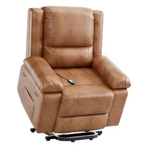 Power Lift Recliner Chair PU Leather with Massage for Elderly Ergonomic Lounge Chair Classic Single Sofa with Side Pockets Home Theater Seat-27" Seat Width, Brown