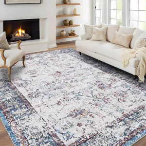 Area Rugs 4x6 Washable Vintage Printed Indoor Floor Carpet with Non-Slip Backing, Oriental Distressed Accent Rugs, Non-Shedding Soft Low Pile Carpet for Bedroom, Office, Colorful