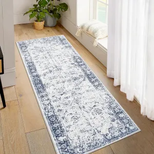 Runner Rug 2x6 Washable Hallway Runner Vintage Distressed Rug Non Slip Low-Pile Soft Rug Kitchen Runner Rug Non Shedding Carpet Accent Rug for Kitchen Bathroom, Blue