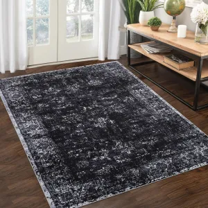 Washable Rug 5x7 Living Room Rug Non Slip Washable Rug Low Pile Vintage Area Rug Non Shedding Indoor Soft Floor Carpet for Bedroom Nursery High Traffic Area, Black