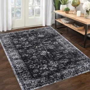 Area Rug 4x6 Rugs for Living Room Non Slip Washable Rug Low Pile Vintage Distressed Rug Stain Resistant Carpet Rug for Playroom Dining Room Dorm Room, Black