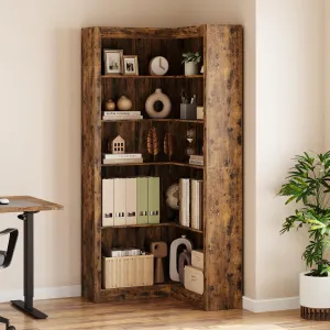 Corner Bookshelf, 71.8" Farmhouse Corner Bookcase with Large Storage, Tall Bookcase Heavy Duty 5 Tier L-Shaped Corner Shelf Large Display Rack for Bedroom Living Room Home Office, Retro Brown