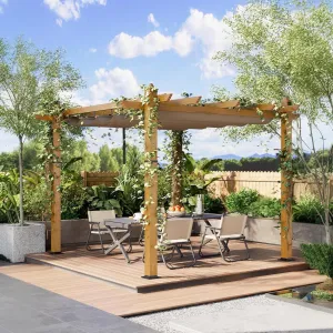 10x13 Ft Patio Shade Canopy – Outdoor Pergola with Retractable Weather-Resistant Aluminum Faux Wood Grain Canopy for Backyard, Deck, Porch