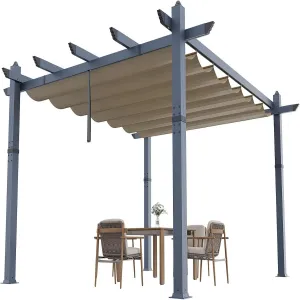 10x13 ft Aluminum Pergola with Retractable Canopy – UV & Waterproof, Rust-Resistant Metal Gazebo, 4-Side Anchored, Khaki for Backyard/Deck