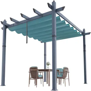 10x13 FT Outdoor Pergola for Patio – Wood-Grain Aluminum with Retractable Waterproof Canopy, 4-Side Stability Base for Deck & Backyard