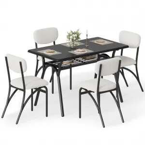 Dining Table Set for 4, Kitchen Table with Boucle Chairs for 4, Modern Rectangular Dining Table with Storage Rack for Small Space, Beige & Black